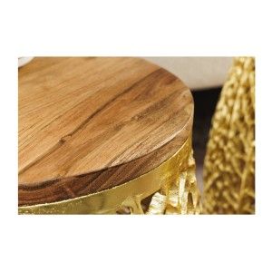 Lot de 2 tables basses METRIX dorées avec petit motif arrondi – Tables basses design en aluminium et bois d’acacia