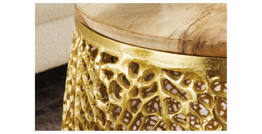 Lot de 2 tables basses METRIX dorées avec petit motif arrondi – Tables basses design en aluminium et bois d’acacia