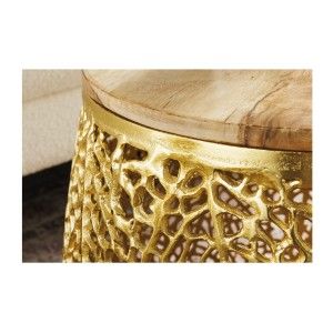 Lot de 2 tables basses METRIX dorées avec petit motif arrondi – Tables basses design en aluminium et bois d’acacia