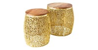 Lot de 2 tables basses METRIX dorées avec petit motif arrondi – Tables basses design en aluminium et bois d’acacia