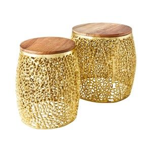 Lot de 2 tables basses METRIX dorées avec petit motif arrondi – Tables basses design en aluminium et bois d’acacia