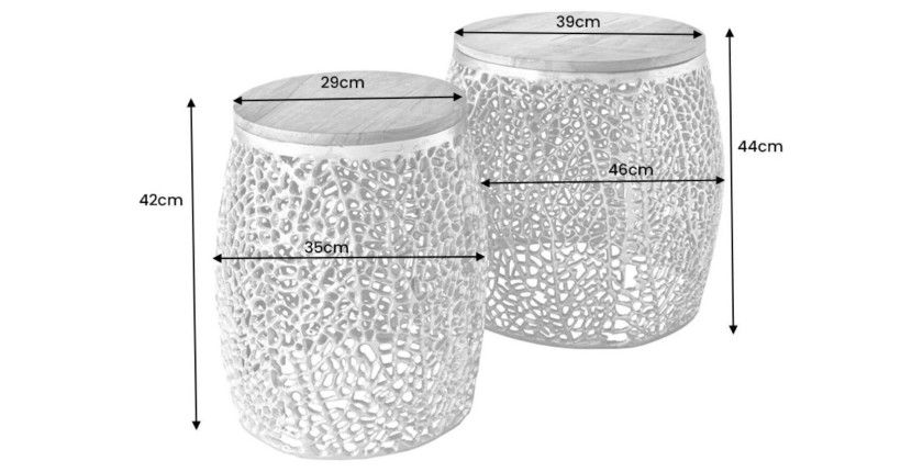Lot de 2 tables basses METRIX dorées avec petit motif arrondi – Tables basses design en aluminium et bois d’acacia