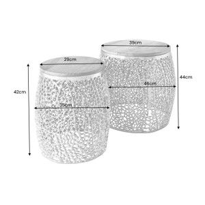 Lot de 2 tables basses METRIX dorées avec petit motif arrondi – Tables basses design en aluminium et bois d’acacia