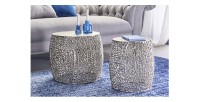 Lot de 2 tables basses METRIX argentées avec petit motif arrondi – Tables basses design en aluminium mat