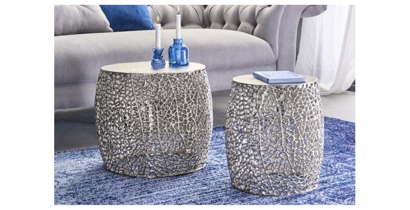 Lot de 2 tables basses METRIX argentées avec petit motif arrondi – Tables basses design en aluminium mat
