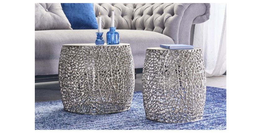 Lot de 2 tables basses METRIX argentées avec petit motif arrondi – Tables basses design en aluminium mat