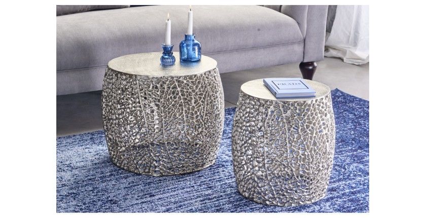 Lot de 2 tables basses METRIX argentées avec petit motif arrondi – Tables basses design en aluminium mat
