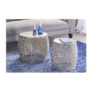 Lot de 2 tables basses METRIX argentées avec petit motif arrondi – Tables basses design en aluminium mat