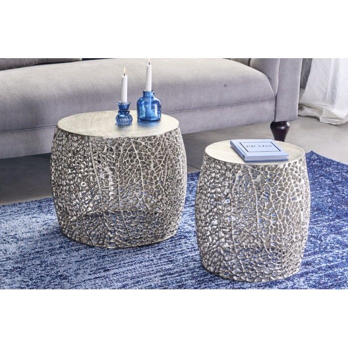 Set di 2 tavolini METRIX argentati con piccolo motivo arrotondato - Tavolini design in alluminio opaco
