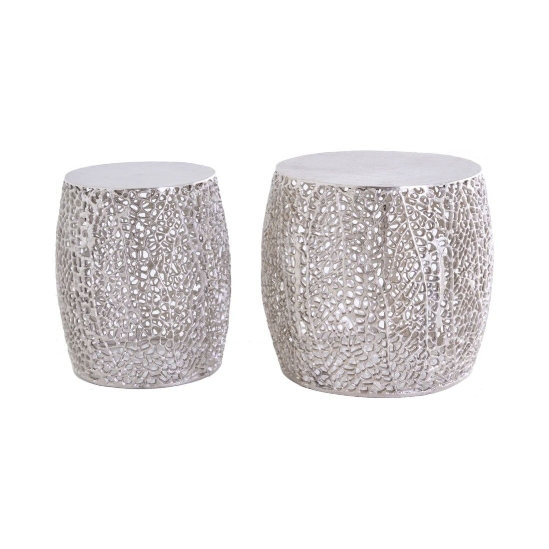 Lot de 2 tables basses METRIX argentées avec petit motif arrondi – Tables basses design en aluminium mat