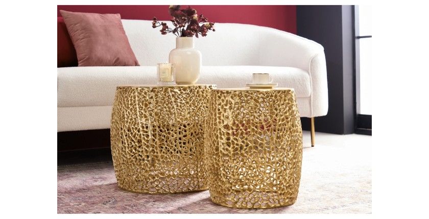 Lot de 2 tables basses METRIX bronze avec petit motif arrondi – Tables basses design en aluminium et plateau aspect bois