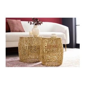 Lot de 2 tables basses METRIX bronze avec petit motif arrondi – Tables basses design en aluminium et plateau aspect bois