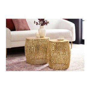 Lot de 2 tables basses METRIX bronze avec petit motif arrondi – Tables basses design en aluminium et plateau aspect bois