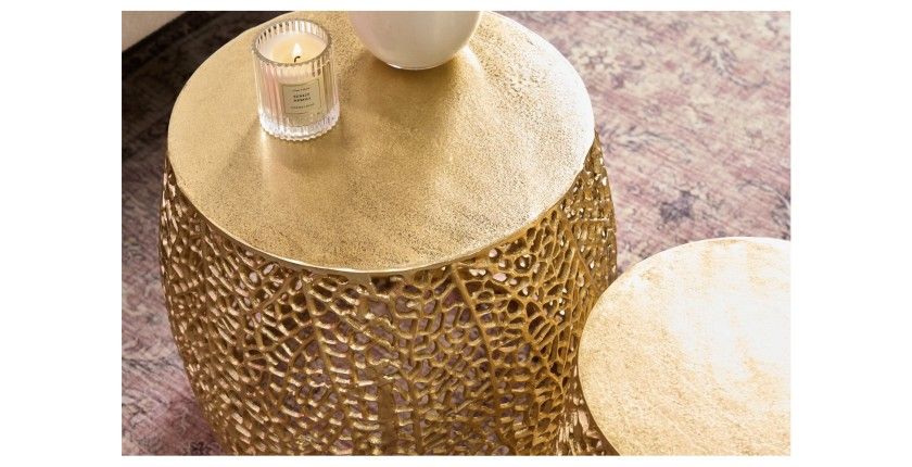 Lot de 2 tables basses METRIX bronze avec petit motif arrondi – Tables basses design en aluminium et plateau aspect bois