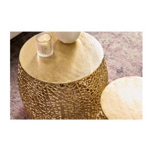 Lot de 2 tables basses METRIX bronze avec petit motif arrondi – Tables basses design en aluminium et plateau aspect bois