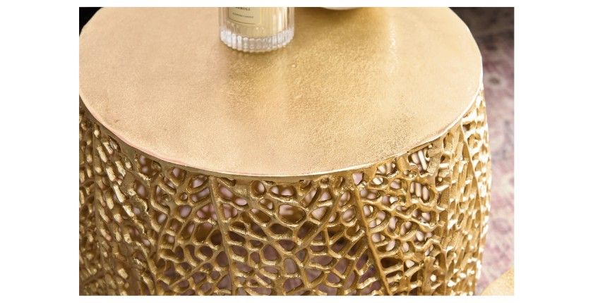 Lot de 2 tables basses METRIX bronze avec petit motif arrondi – Tables basses design en aluminium et plateau aspect bois