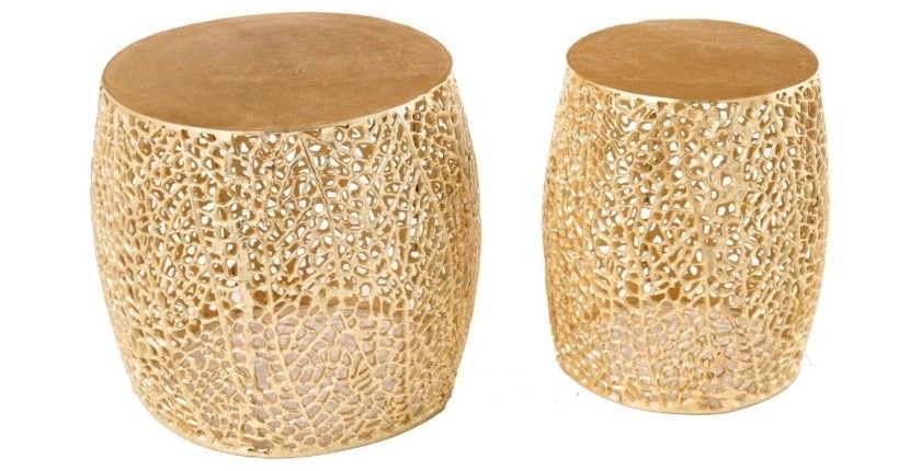 Lot de 2 tables basses METRIX bronze avec petit motif arrondi – Tables basses design en aluminium et plateau aspect bois