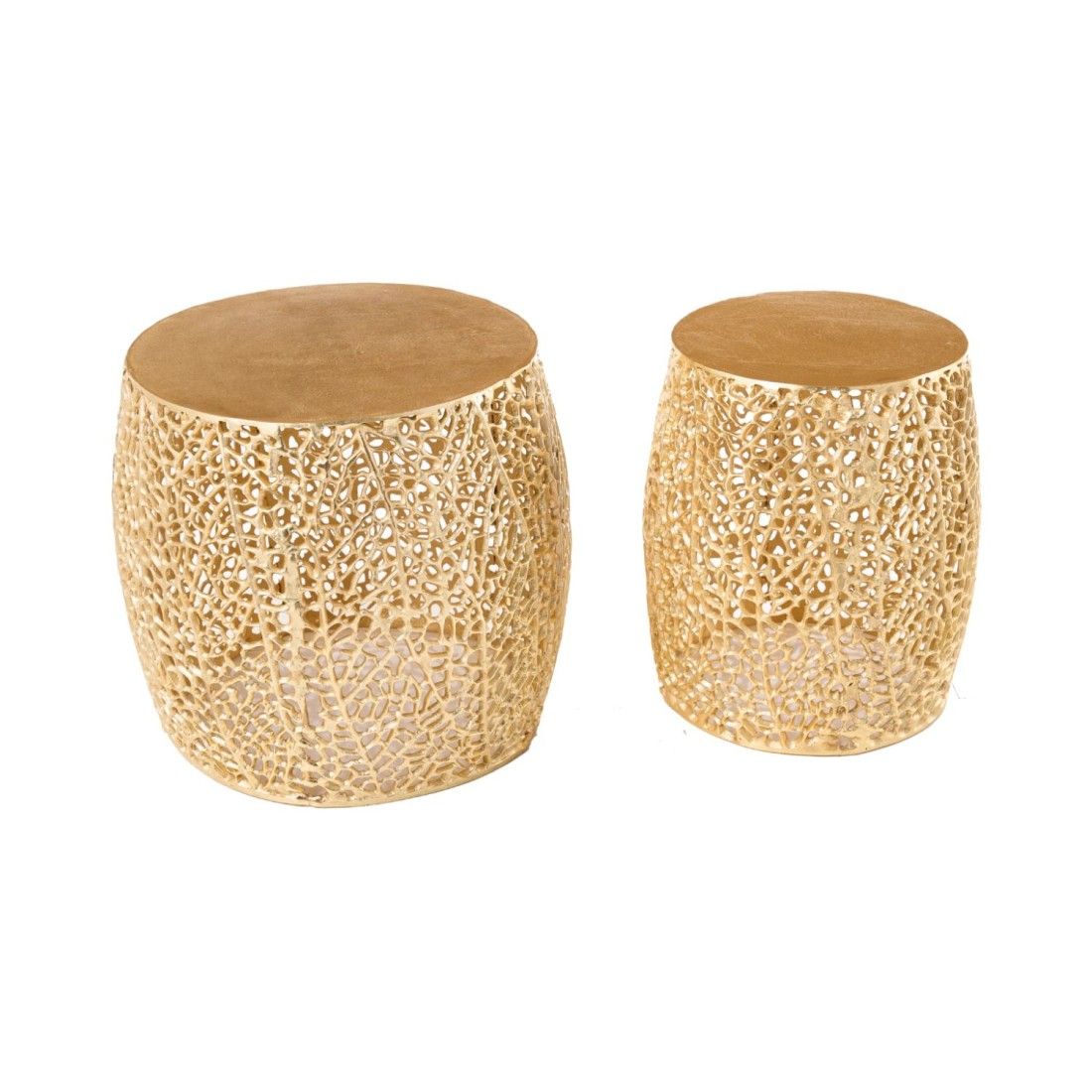 Lot de 2 tables basses METRIX bronze avec petit motif arrondi – Tables basses design en aluminium et plateau aspect bois