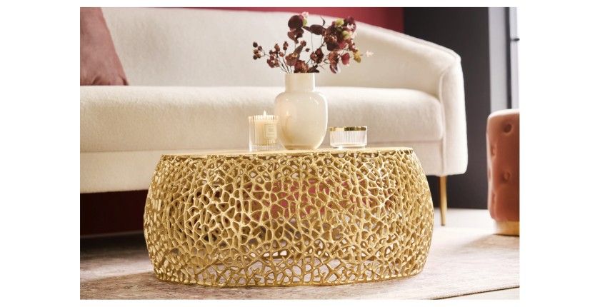 Table basse METRIX ronde 73 cm dorée avec motif géométrique – Table basse design en aluminium et plateau aspect bois