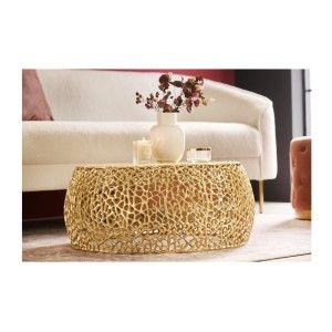 Table basse METRIX ronde 73 cm dorée avec motif géométrique – Table basse design en aluminium et plateau aspect bois