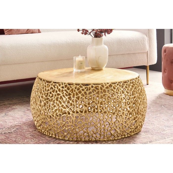 Couchtisch METRIX rund 73 cm goldfarben mit geometrischem Muster – Design-Couchtisch aus Aluminium mit Holzoptik-Platte