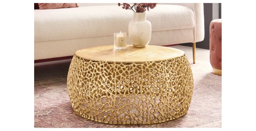 Table basse METRIX ronde 73 cm dorée avec motif géométrique – Table basse design en aluminium et plateau aspect bois