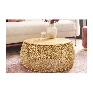 Table basse METRIX ronde 73 cm dorée avec motif géométrique – Table basse design en aluminium et plateau aspect bois