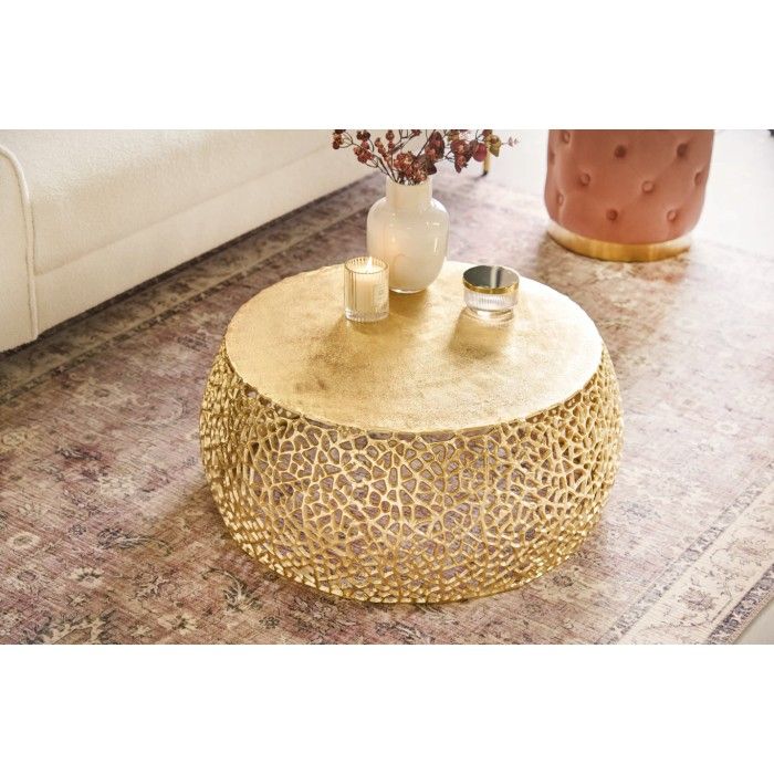 Couchtisch METRIX rund 73 cm goldfarben mit geometrischem Muster – Design-Couchtisch aus Aluminium mit Holzoptik-Platte