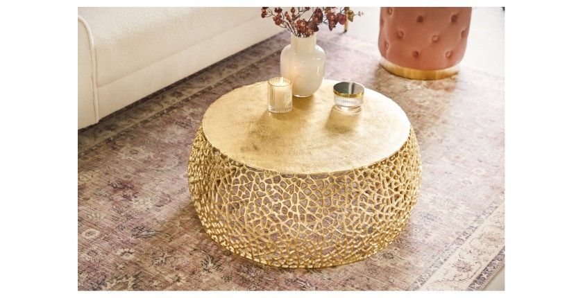 Table basse METRIX ronde 73 cm dorée avec motif géométrique – Table basse design en aluminium et plateau aspect bois