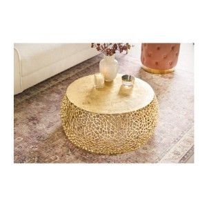 Table basse METRIX ronde 73 cm dorée avec motif géométrique – Table basse design en aluminium et plateau aspect bois