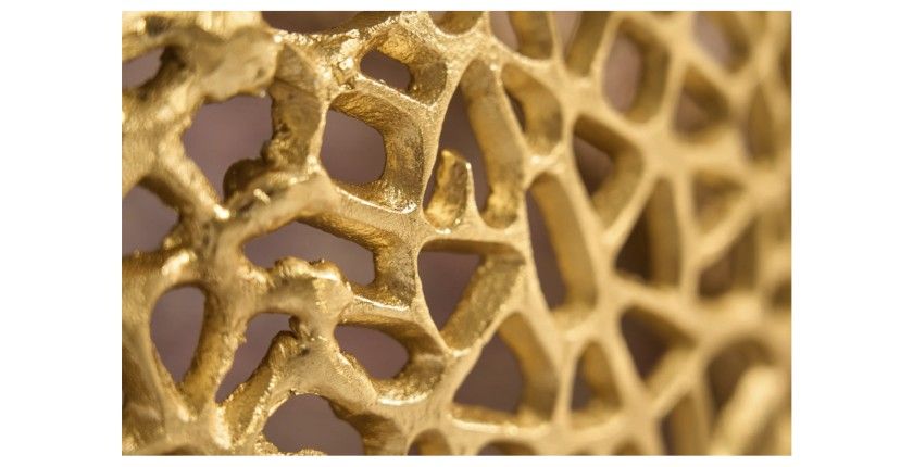 Table basse METRIX ronde 73 cm dorée avec motif géométrique – Table basse design en aluminium et plateau aspect bois