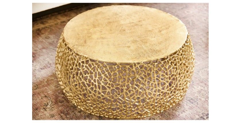 Table basse METRIX ronde 73 cm dorée avec motif géométrique – Table basse design en aluminium et plateau aspect bois