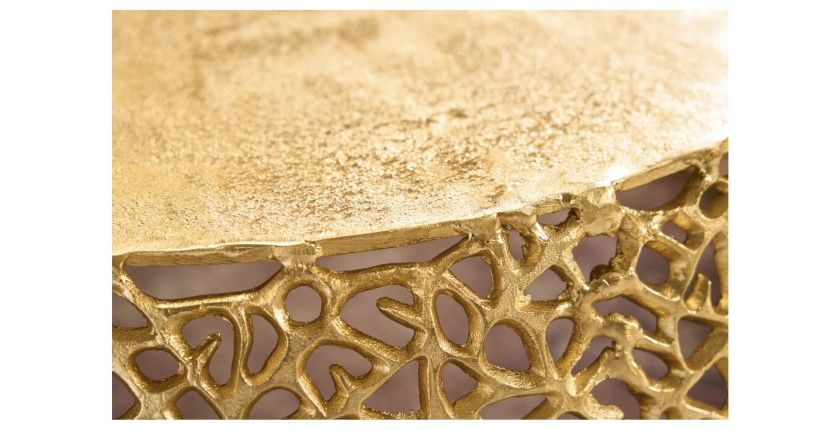 Table basse METRIX ronde 73 cm dorée avec motif géométrique – Table basse design en aluminium et plateau aspect bois