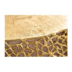 Table basse METRIX ronde 73 cm dorée avec motif géométrique – Table basse design en aluminium et plateau aspect bois