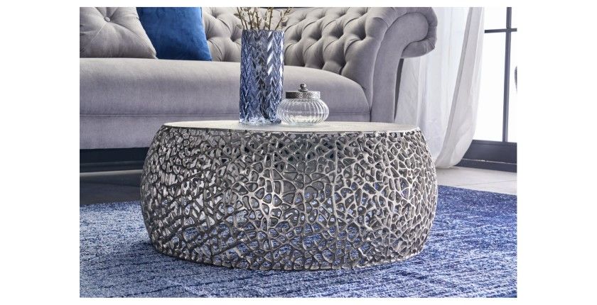 Table basse METRIX ronde 73 cm argentée avec motif géométrique – Table basse design en aluminium et plateau blanc mat