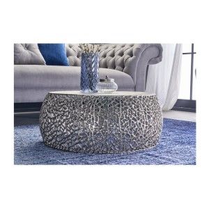 Table basse METRIX ronde 73 cm argentée avec motif géométrique – Table basse design en aluminium et plateau blanc mat