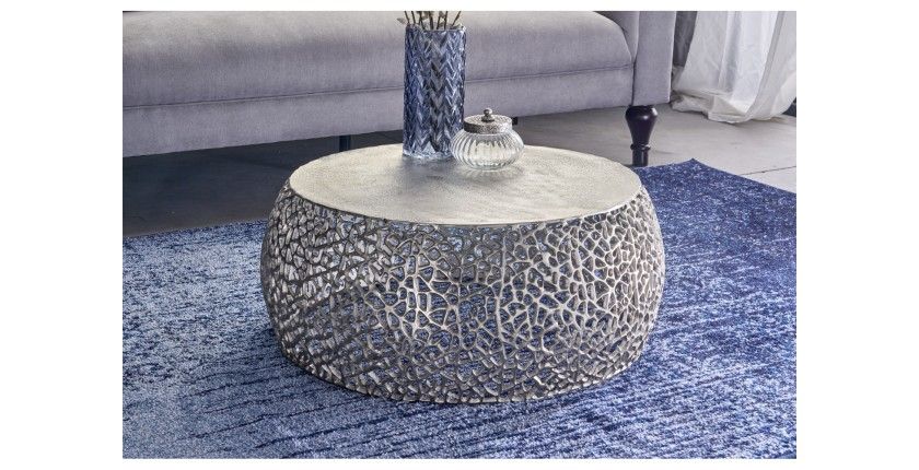 Table basse METRIX ronde 73 cm argentée avec motif géométrique – Table basse design en aluminium et plateau blanc mat