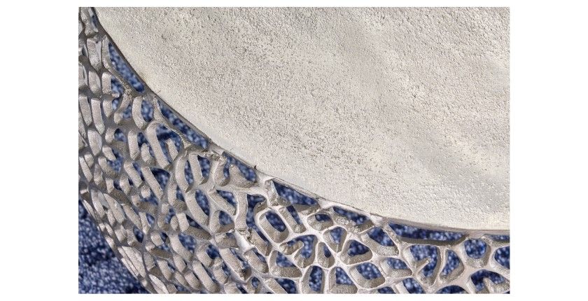 Table basse METRIX ronde 73 cm argentée avec motif géométrique – Table basse design en aluminium et plateau blanc mat