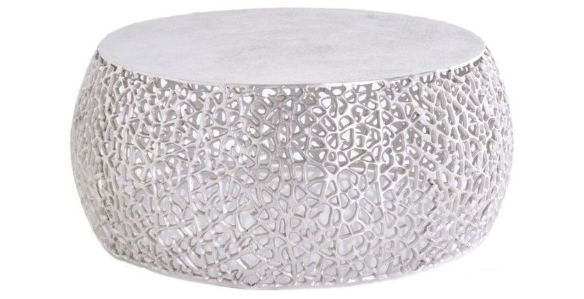 Table basse METRIX ronde 73 cm argentée avec motif géométrique – Table basse design en aluminium et plateau blanc mat