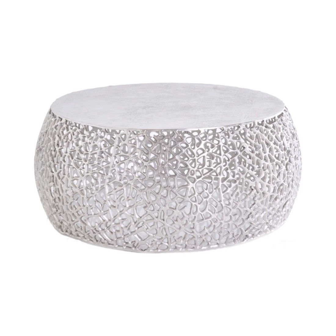 Table basse METRIX ronde 73 cm argentée avec motif géométrique – Table basse design en aluminium et plateau blanc mat