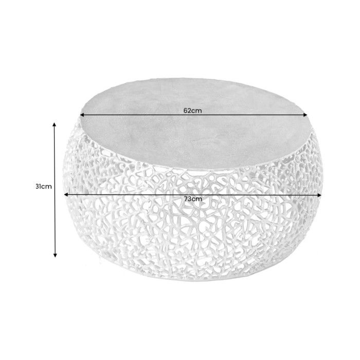 Couchtisch METRIX rund 73 cm silber mit geometrischem Muster – Design-Couchtisch aus Aluminium mit mattweißer Platte