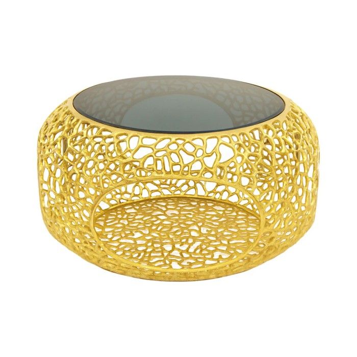 Couchtisch METRIX rund 74 cm goldfarben mit schwarzer gehärteter Glasplatte – Design-Couchtisch mit integrierter Nische