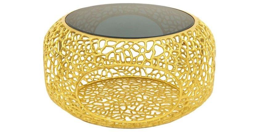 Table basse METRIX ronde 74 cm dorée avec plateau en verre trempé noir – Table basse design avec niche intégrée