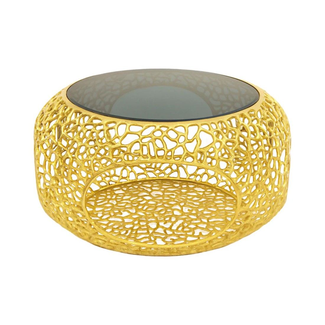 Table basse METRIX ronde 74 cm dorée avec plateau en verre trempé noir – Table basse design avec niche intégrée