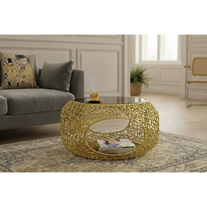 Couchtisch METRIX rund 74 cm goldfarben mit schwarzer gehärteter Glasplatte – Design-Couchtisch mit integrierter Nische