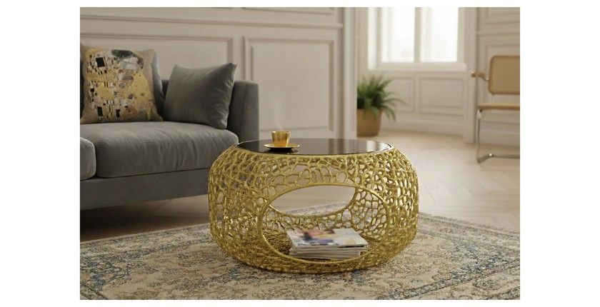 Table basse METRIX ronde 74 cm dorée avec plateau en verre trempé noir – Table basse design avec niche intégrée