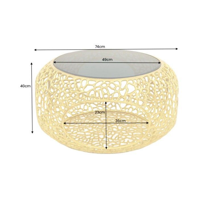 Couchtisch METRIX rund 74 cm goldfarben mit schwarzer gehärteter Glasplatte – Design-Couchtisch mit integrierter Nische