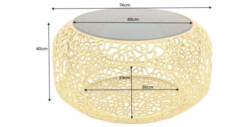 Table basse METRIX ronde 74 cm dorée avec plateau en verre trempé noir – Table basse design avec niche intégrée