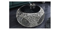 Table basse METRIX ronde 74 cm argentée avec plateau en verre trempé noir – Table basse design avec niches