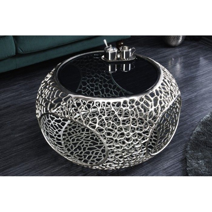 Beistelltisch METRIX rund 74 cm silberfarben mit schwarzer, gehärteter Glasplatte – Designer-Couchtisch mit Fächern